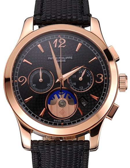 Patek Philippe Chronograph Black Guilloche Dial Rose Gold Case Black Leather Strap