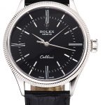 Swiss Rolex Cellini Time Silver Case Black Dial Black Leather Bracelet   622654