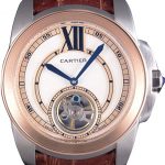 Cartier Calibre Flying Tourbillon White Dial Two Tone Case Brown Leather Bracelet