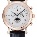 Patek Philippe Grand Complications White Dial Engraved Rose Gold Case Black Leather Bracelet 1454144