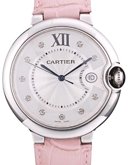 Cartier Ballon Bleu 42mm White Dial Stainless Steel Case Pink Leather Bracelet