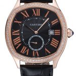 Cartier Drive De Cartier Black Dial Gold Diamond Case Black Leather Bracelet 1454217