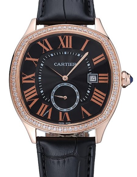 Cartier Drive De Cartier Black Dial Gold Diamond Case Black Leather Bracelet 1454217