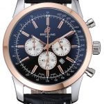 Breitling Transocean Black Dial Black Leather Strap Rose Gold Bezel 98203