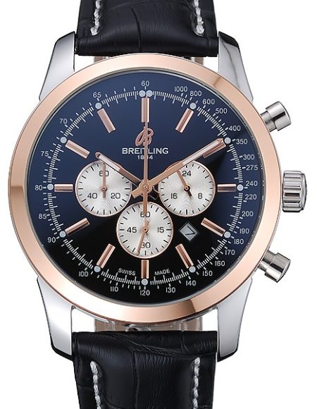 Breitling Transocean Black Dial Black Leather Strap Rose Gold Bezel 98203