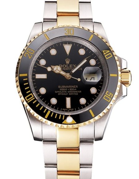 Swiss Rolex Submariner Black Dial And Bezel Two Tone Steel Gold Bracelet
