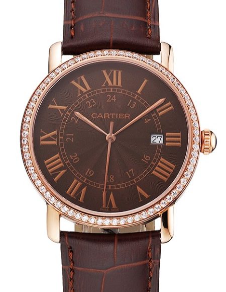 Cartier Ronde Solo Brown Dial Diamond Bezel Rose Gold Case Brown Leather Strap