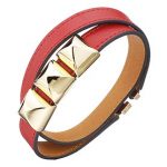 Hermes Replica Gold Pyramid Stud Accent Slim Red Double Wrap Leather Bracelet