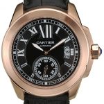 Cartier Calibre Black Dial Gold Case Black Leather Bracelet
