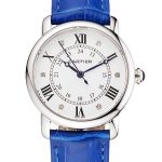 Cartier Ronde White Dial Diamond Hour Marks Stainless Steel Case Blue Leather Strap