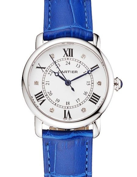 Cartier Ronde White Dial Diamond Hour Marks Stainless Steel Case Blue Leather Strap
