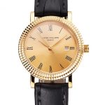 Patek Philippe Calatrava Gold Dial Roman Numerals Double Ribbed Bezel Gold Case Black Leather Strap