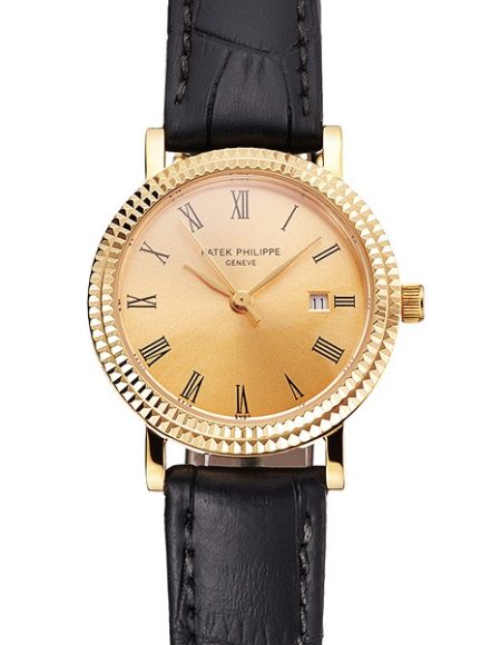 Patek Philippe Calatrava Gold Dial Roman Numerals Double Ribbed Bezel Gold Case Black Leather Strap