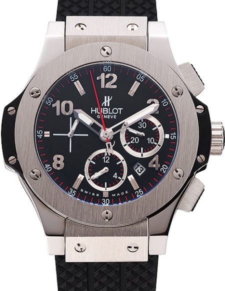 Swiss Hublot Big Bang Black Dial Silver Case Black Rubber Bracelet 1453900