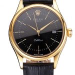 Swiss Rolex Cellini Date Black Dial Gold Case Black Leather Strap