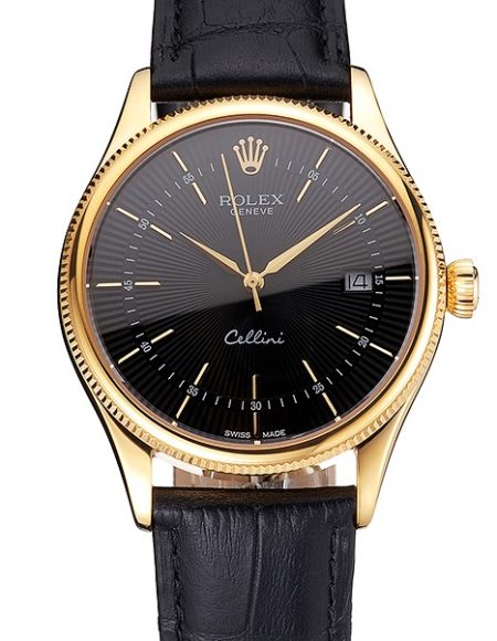Swiss Rolex Cellini Date Black Dial Gold Case Black Leather Strap