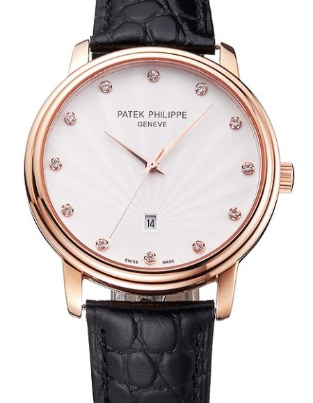 Patek Philippe Calatrava Date White Dial Rose Gold Case Black Leather Strap