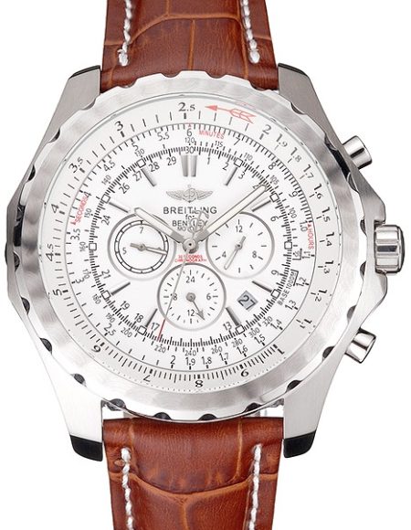Breitling Bentley Motors T Stainless Steel Case White Dial Brown Leather Bracelet 622234