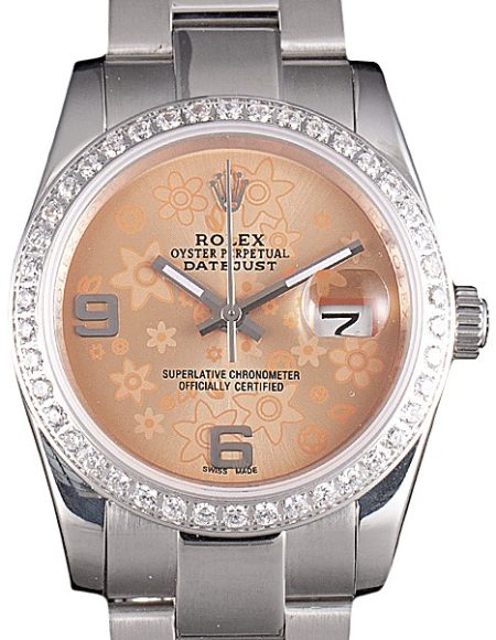 Rolex Datejust Polished Stainless Steel Orange Flowers Dial Diamond Plated
