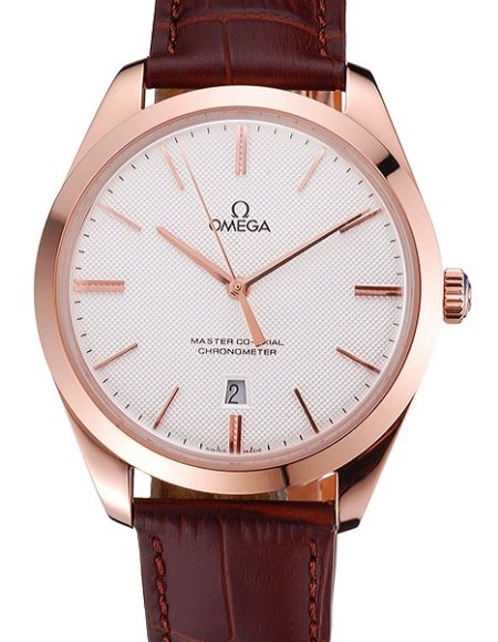 Swiss Omega DeVille Tresor White Dial Gold Case Brown Leather Strap  622846