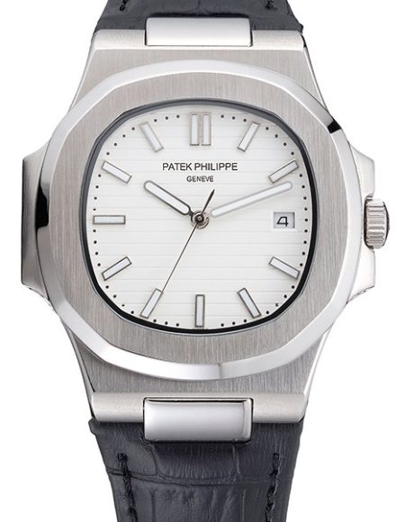 Patek Philippe Nautilus White Dial Brushed Stainless Steel Case Black Leather Strap