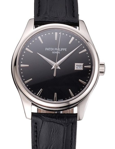 Swiss Patek Philippe Calatrava Black Dial Stainless Steel Case Black Leather Strap