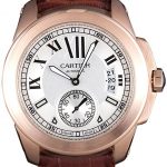 Cartier Calibre White Dial Gold Case Brown Leather Bracelet