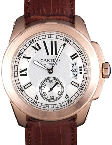 Cartier Calibre White Dial Gold Case Brown Leather Bracelet