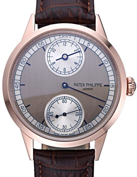 Patek Philippe Geneve Two Dial Gray Dial Rose Gold Bezel Brown Leather Band  622148