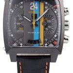 Tag Heuer Swiss Monaco Black Leather Strap Blue-Yellow Striped Black Dial