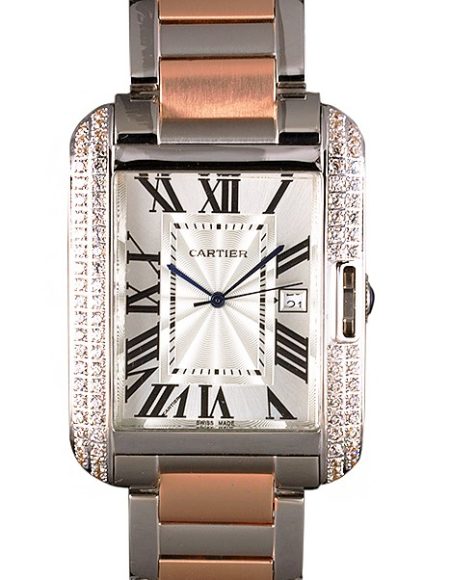 Cartier Tank Anglaise 36mm Silver Dial Diamonds Steel Case Two Tone Bracelet