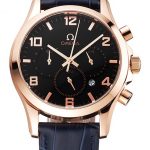 Omega Chronograph Black Dial Rose Gold Case Blue Leather Strap