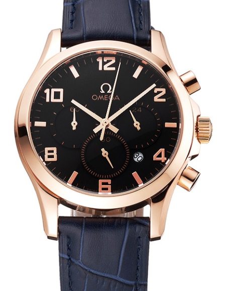 Omega Chronograph Black Dial Rose Gold Case Blue Leather Strap