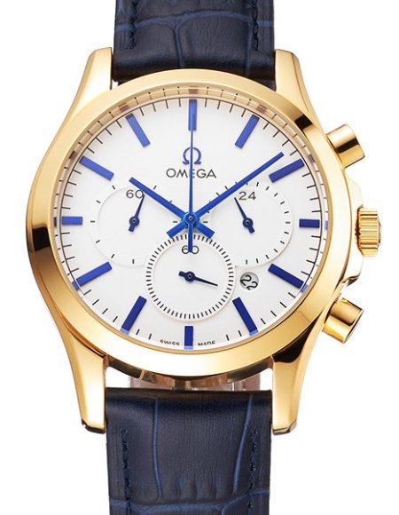 Omega Chronograph White Dial Gold Case Blue Leather Strap