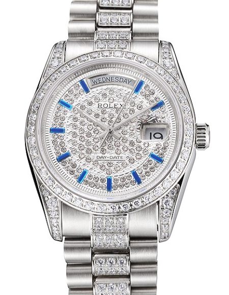 Swiss Rolex Day Date Diamond Pave Dial And Bezel And Stainless Steel Bracelet