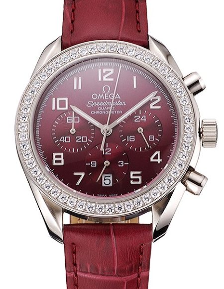 Omega Speedmaster Burgundy Dial Stainless Steel Case Diamond Bezel Burgundy Leather Strap