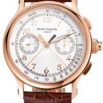 Swiss Patek Philippe Split Seconds Chronograph White Dial Rose Gold Case Brown Leather Strap