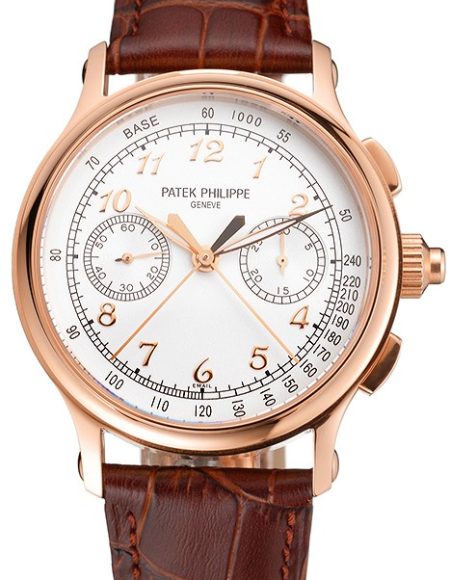 Swiss Patek Philippe Split Seconds Chronograph White Dial Rose Gold Case Brown Leather Strap