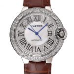 Swiss Cartier Ballon Bleu 46 MM Diamond Dial  Diamond Case Brown Leather Bracelet 1453895