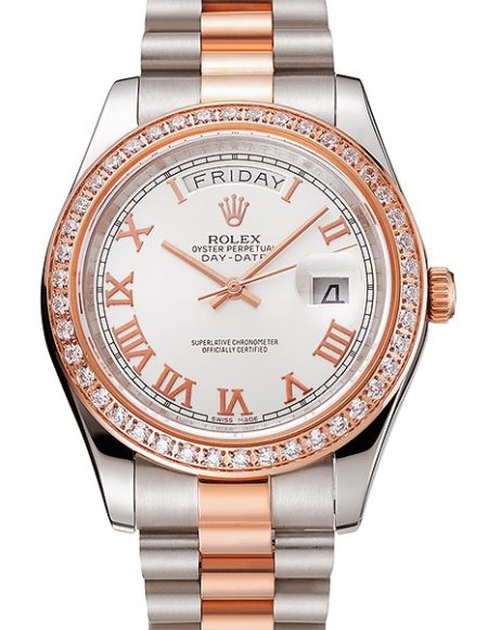 Swiss Rolex Day-Date Diamonds Bezel White Dial Rose Gold And Staineless Steel Bracelet 1454108