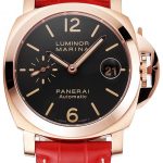 Swiss Panerai Luminor Marina Black Dial Rose Gold Case Red Leather Strap