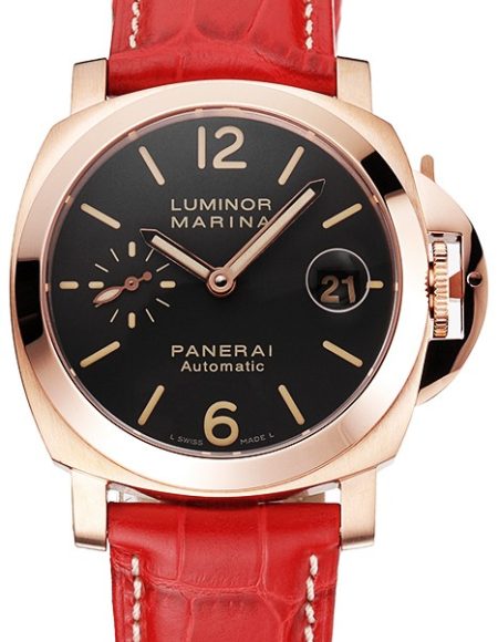 Swiss Panerai Luminor Marina Black Dial Rose Gold Case Red Leather Strap
