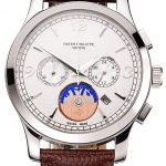 Patek Philippe Chronograph White Guilloche Dial Stainless Steel Case Brown Leather Strap