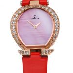 Omega Ladies Watch Pink Dial Gold Case With Diamonds Red Leather Strap  622831