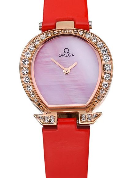 Omega Ladies Watch Pink Dial Gold Case With Diamonds Red Leather Strap  622831