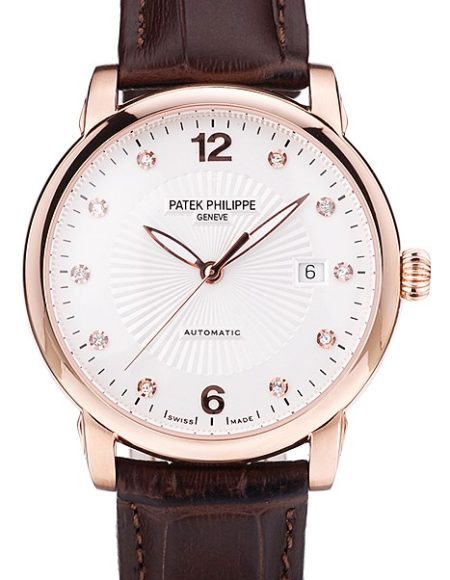 Patek Philippe Swiss Calatrava Polished Bezel White Dial Brown Leather Strap 7646