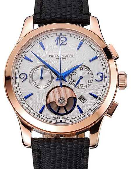 Patek Philippe Chronograph White Guilloche Dial Rose Gold Case Black Leather Strap