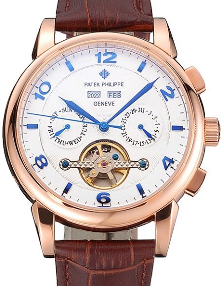 Patek Philippe Perpetual Calendar Tourbillon White Dial Rose Gold Case Brown Leather Strap