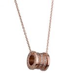 BVLGARI Inscribed White Crystal Stud Spool Pendant Rose Gold Plated Fine Chain Necklace