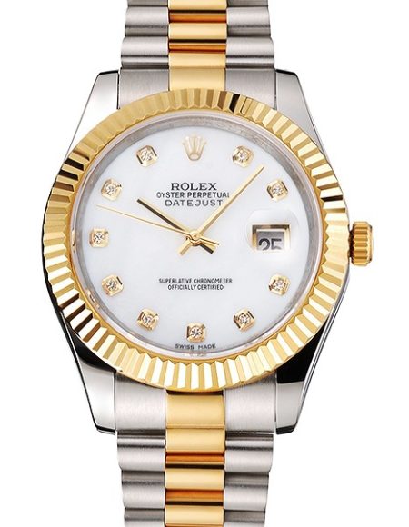 Swiss Rolex Datejust White Dial Diamond Hour Marks Gold Bezel Stainless Steel Case Two Tone Bracelet